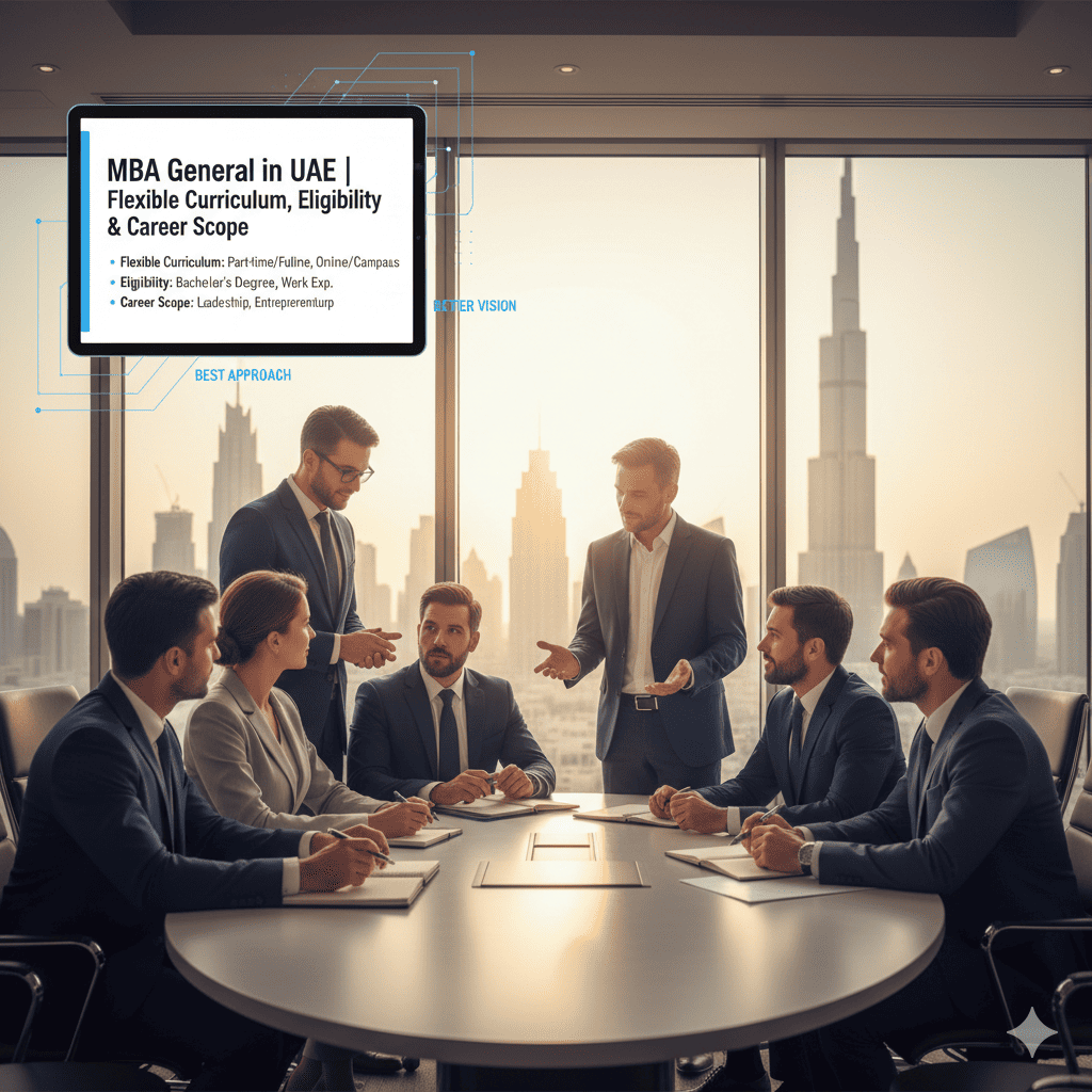 Professional students discussing General MBA curriculum at King's Business School in UAE with Dubai skyline background.
